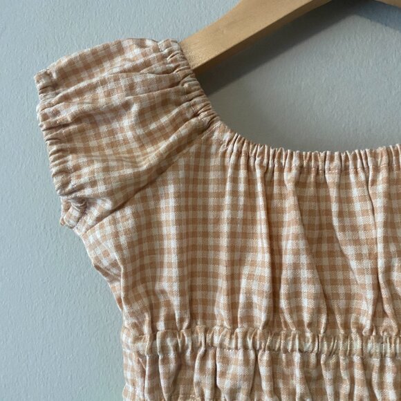 Handmade Children's 100% Cotton Tan White Green Gingham Multi Pattern Dress - Picture 9 of 12